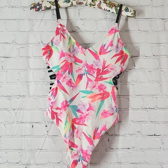 Victoria's Secret PINK Neon Pink Hibiscus Floral Print One Piece Swimsuit Size M - Picture 7 of 16
